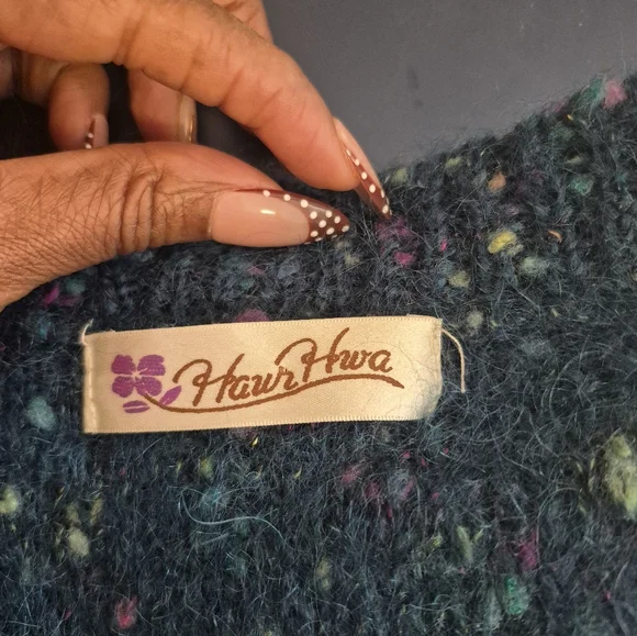 Vintage Haur Hwa Teal Blue/Green Wool Cardigan Sweater w/ Colorful Flexs Med. - Picture 5 of 5
